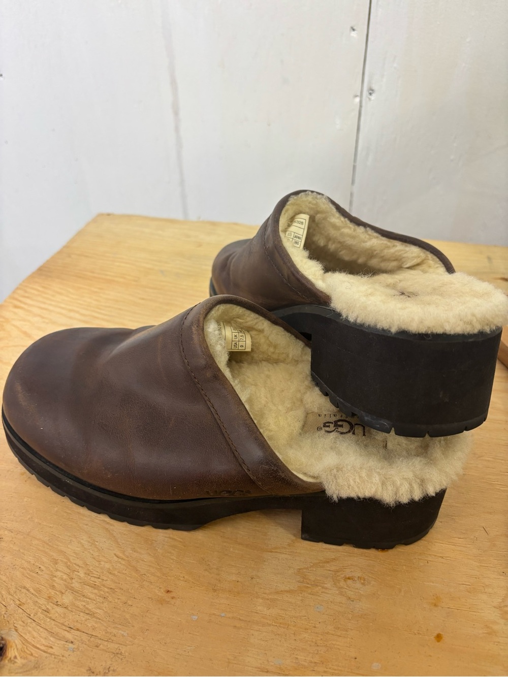 UGG Australia Brown Leather Shearling Lined Heeled Clogs Size 9